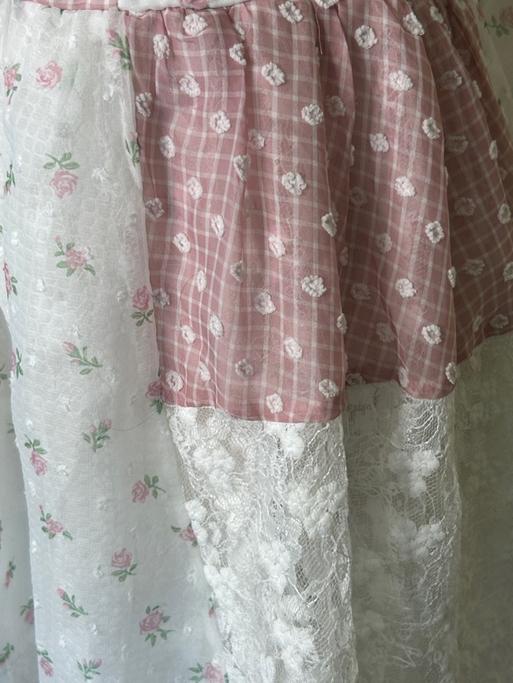 Altar'd State Pink & White Floral Gingham Ruffle Chemise - Picture 7 of 8